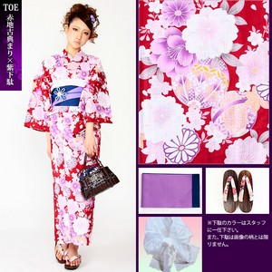 愛姫☆大人モダン古典浴衣4点セットT0E(赤地古典まり×紫下駄)